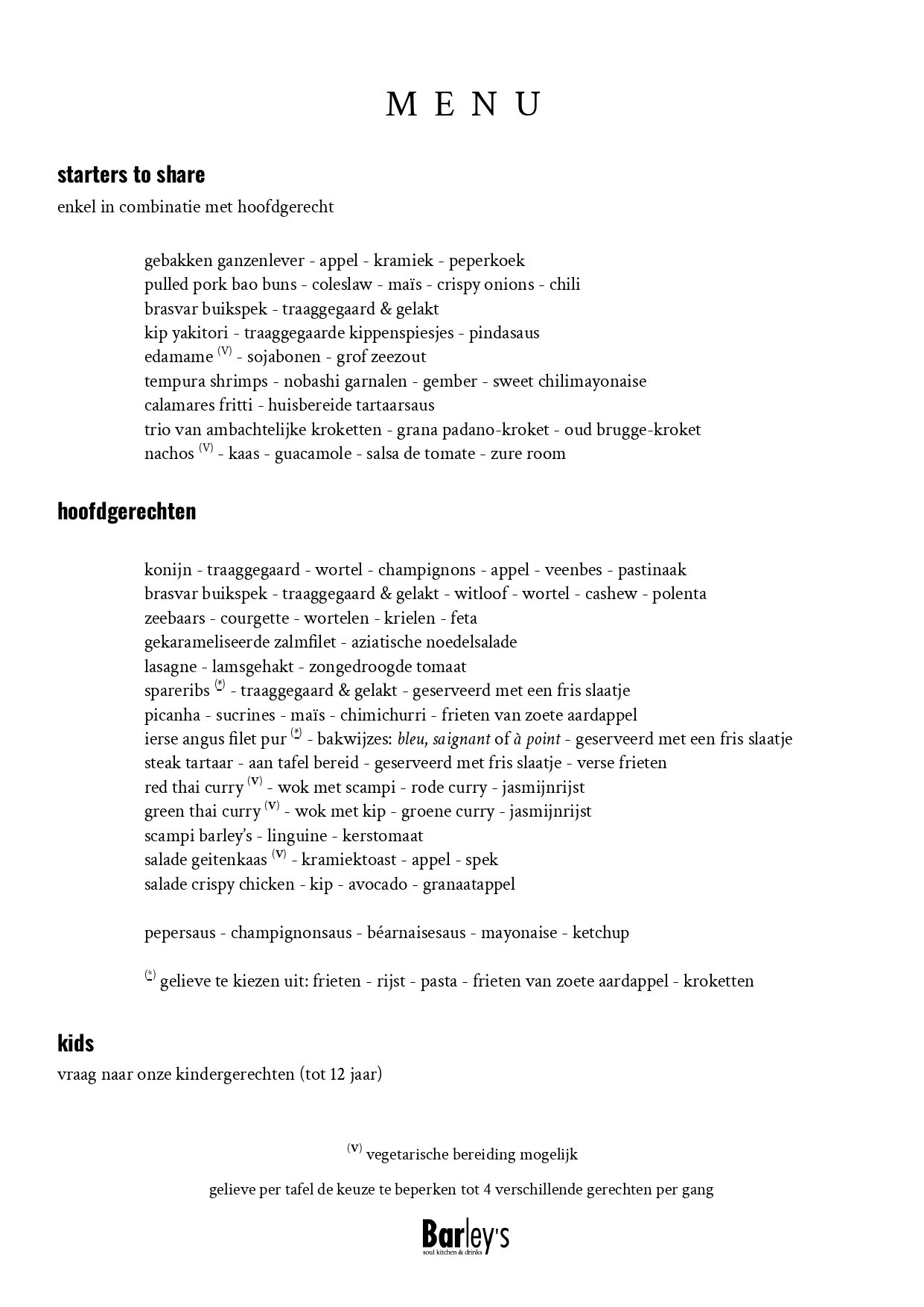 De kaart | Restaurant Barley's | TableFever