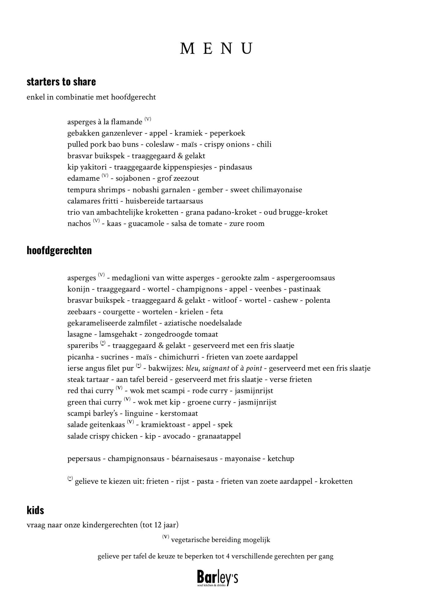 De kaart | Restaurant Barley's | TableFever