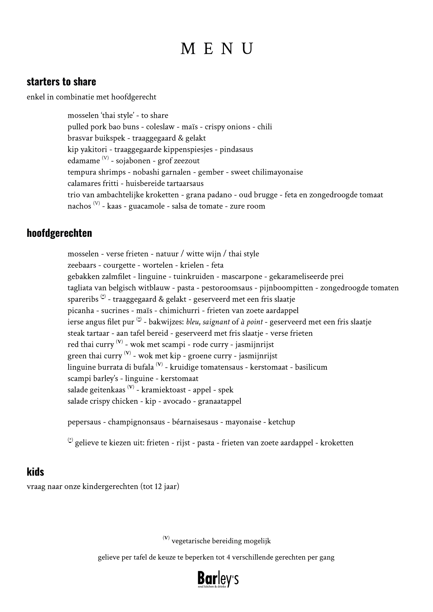 De kaart | Restaurant Barley's | TableFever