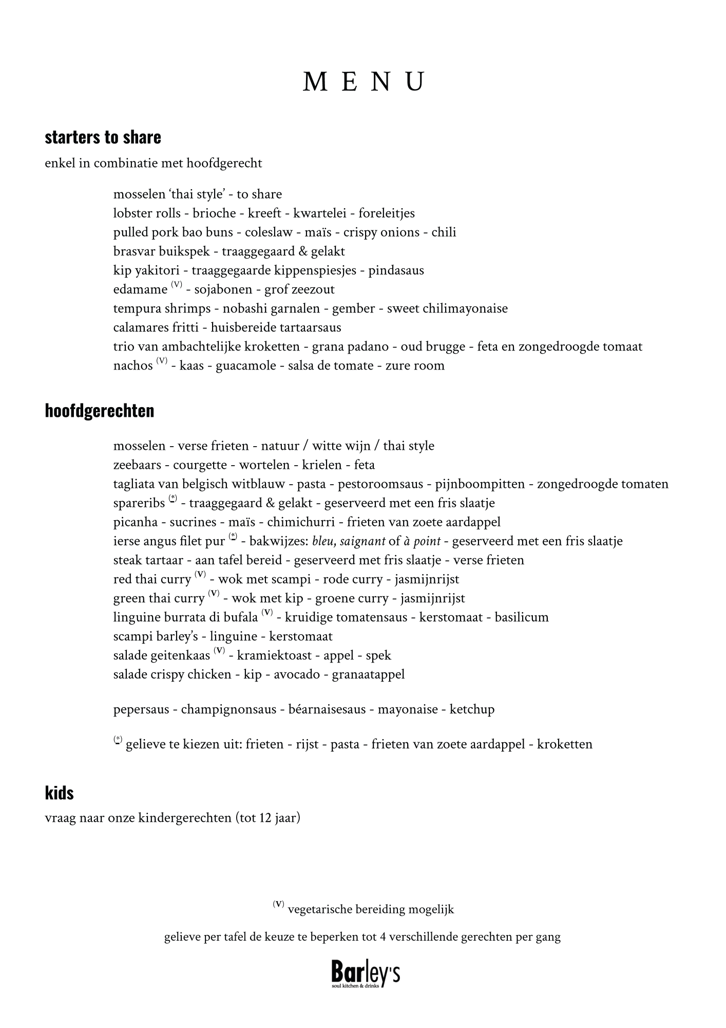 De kaart | Restaurant Barley's | TableFever