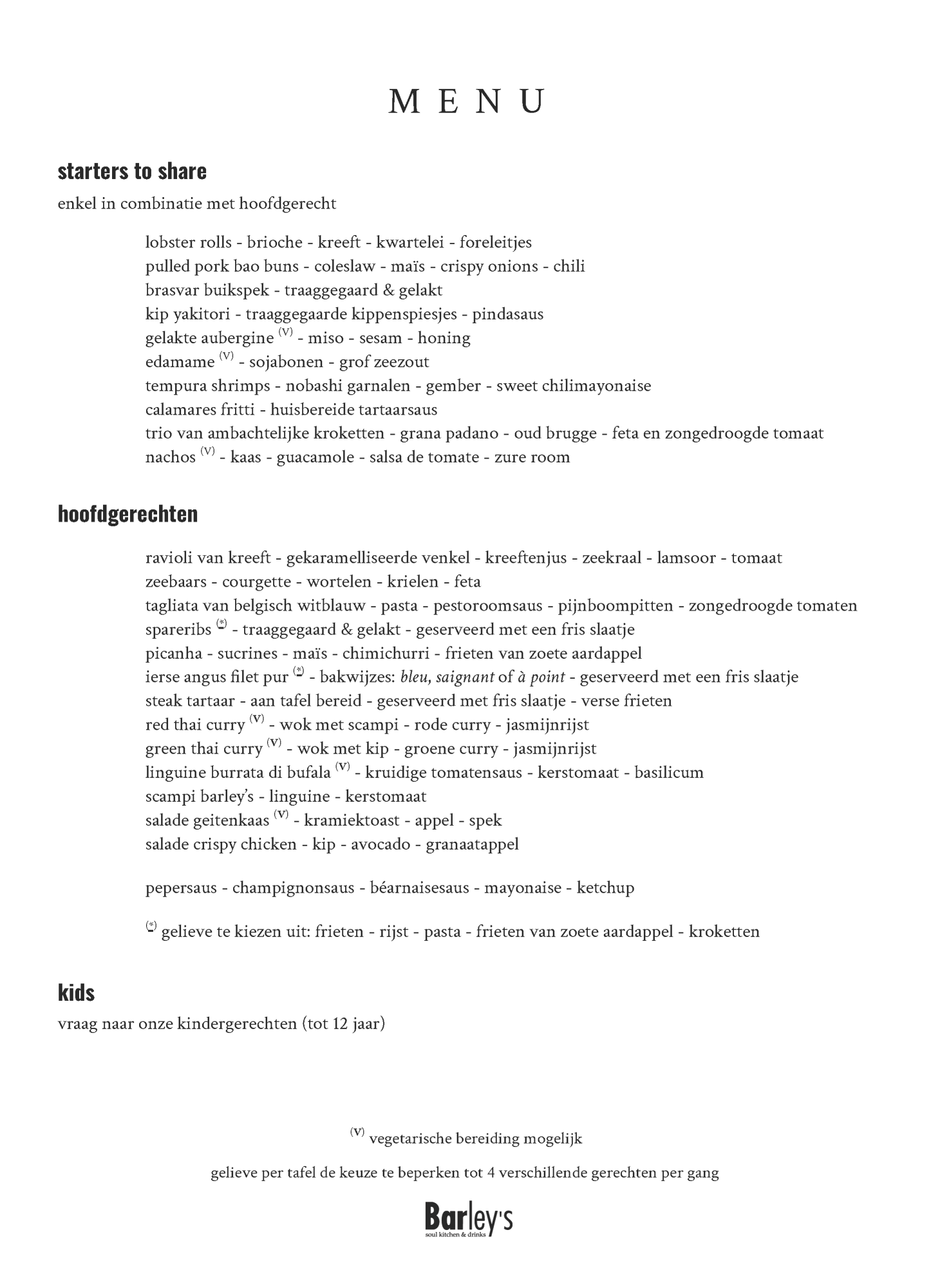 De kaart | Restaurant Barley's | TableFever
